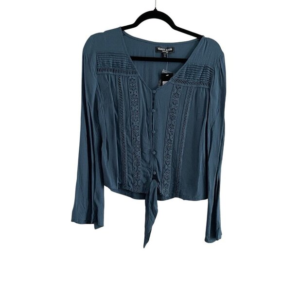 Tracy Evans Limited Wmn XS Blue Embroidered Tie/Button Front L/Sleeve Blouse NWT - Picture 1 of 12